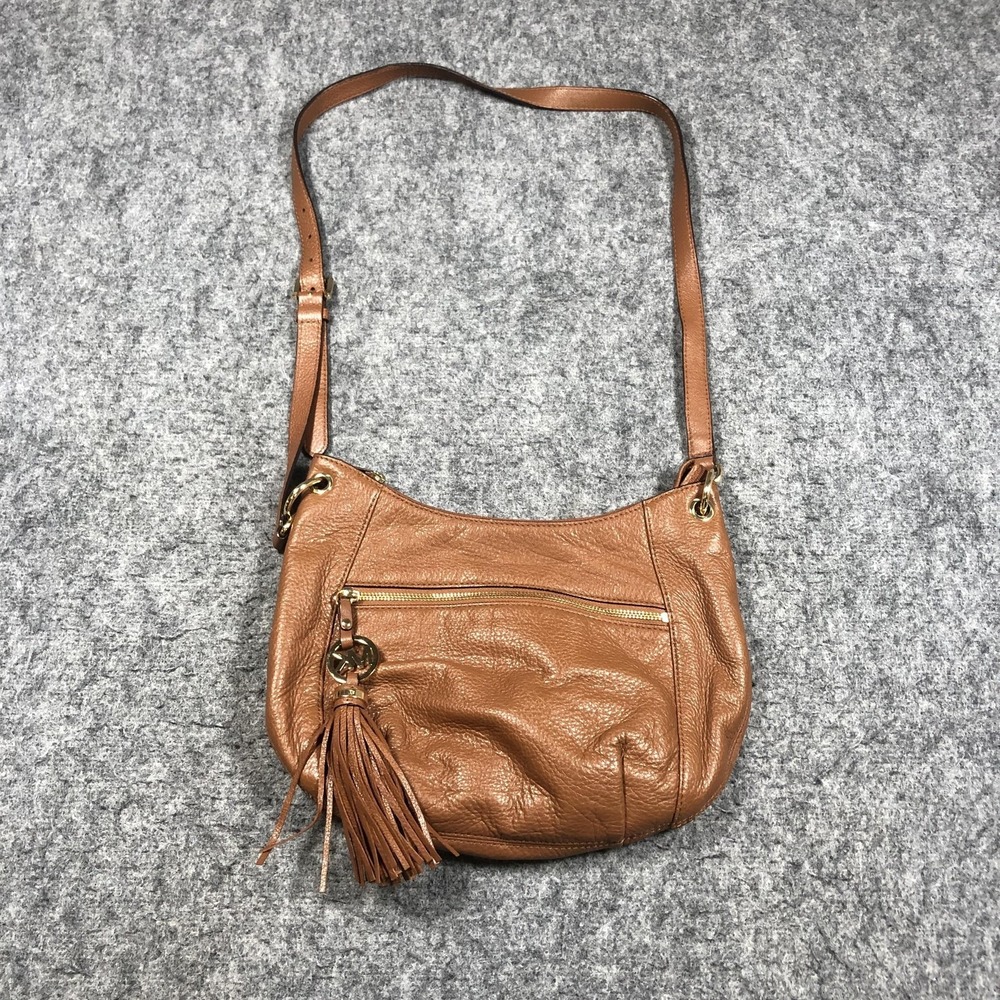 Michael Kors Crossbody Bag Womens Medium Brown Leather Tassel Zip Shoulder Strap